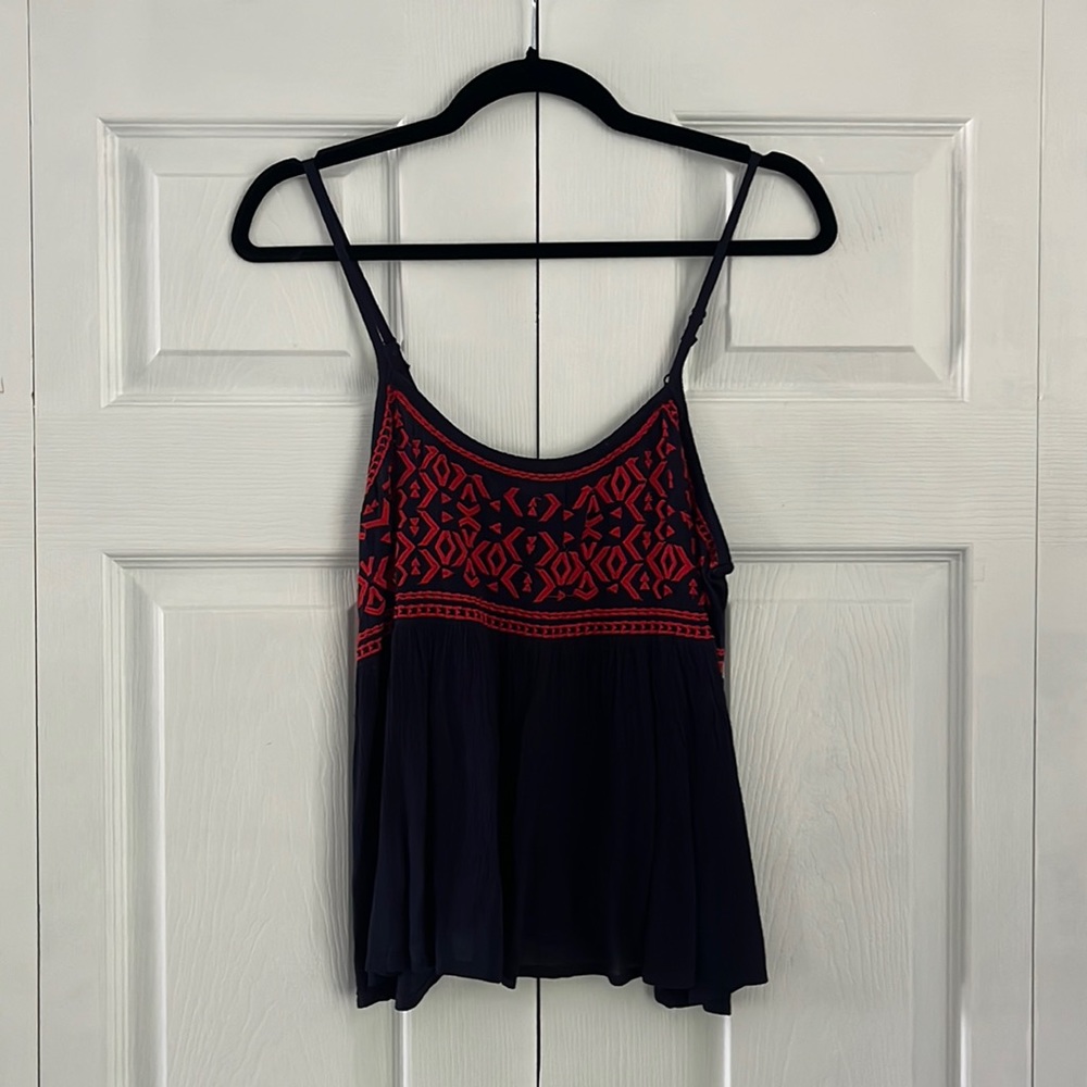 Navy and red, light, flowy tank top.